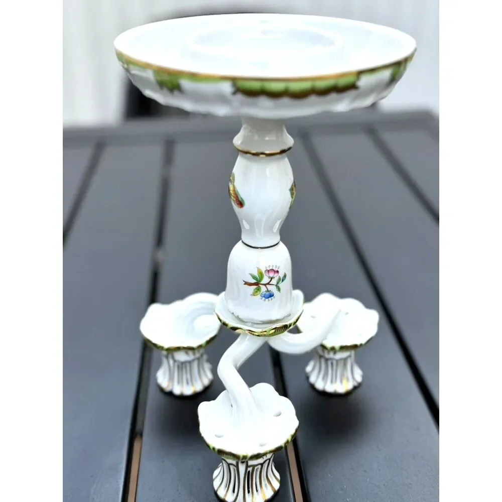 VTG Herend Queen Victoria Green Border Floral Butterfly Triple Candlestick SZ 9